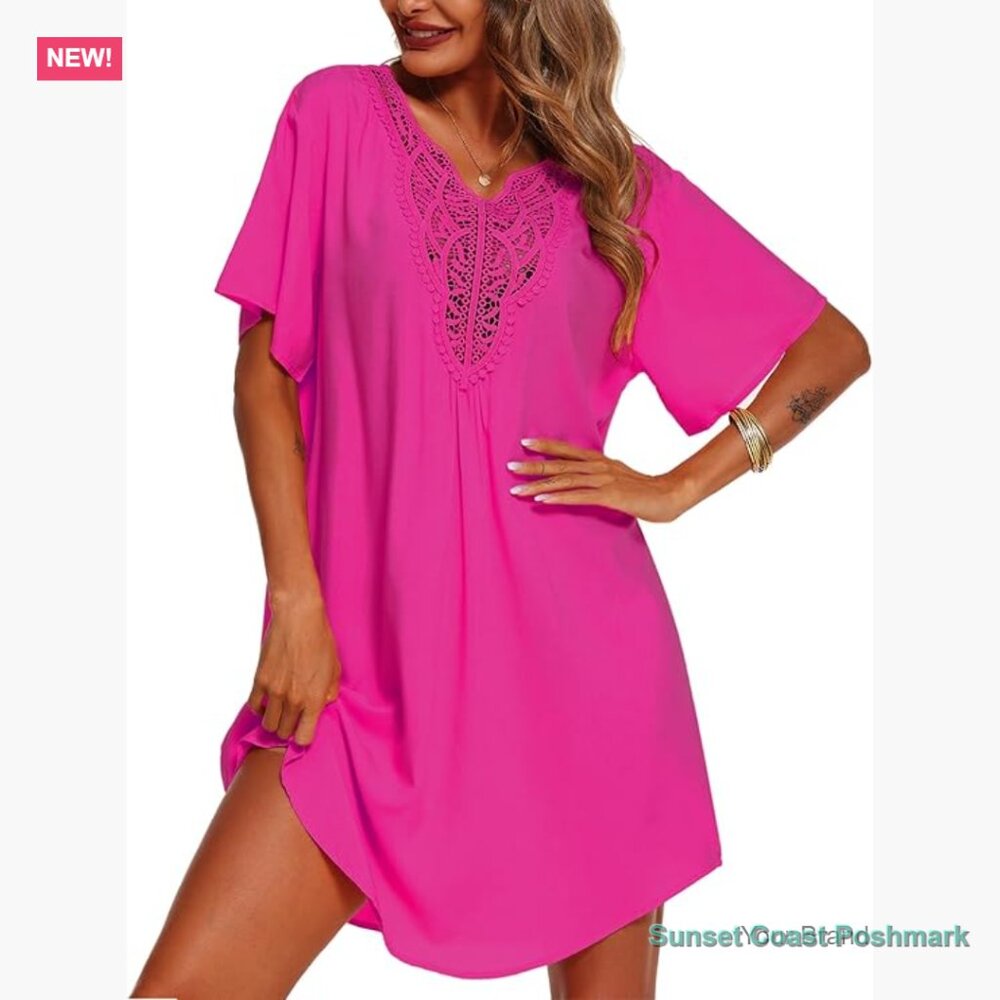 Lace Crochet V Neck Beach Cover Up Dress Rayon Fabric